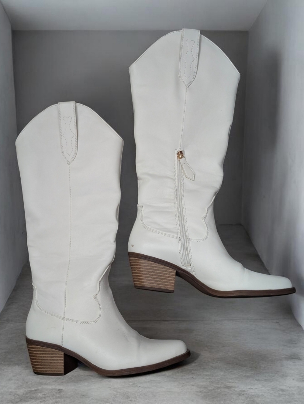 Women's White Leather Mid-Calf Western Boots